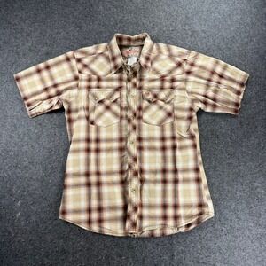 Wrangler Western Cowboy Shirt XL Tan Brown Plaid Short Sleeve Rodeo